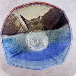 Artisan Signed Bowl Studio Pottery Abstract Wheel Thrown Multicolor Drip Glaze C